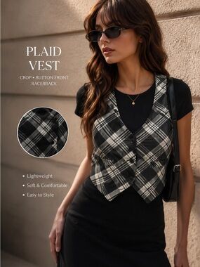 Black White Plaid Crop Vest Button Front Racerback XS